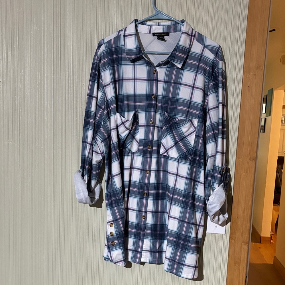 Navy, Pink and White Plaid Casual Button-Down Shirt